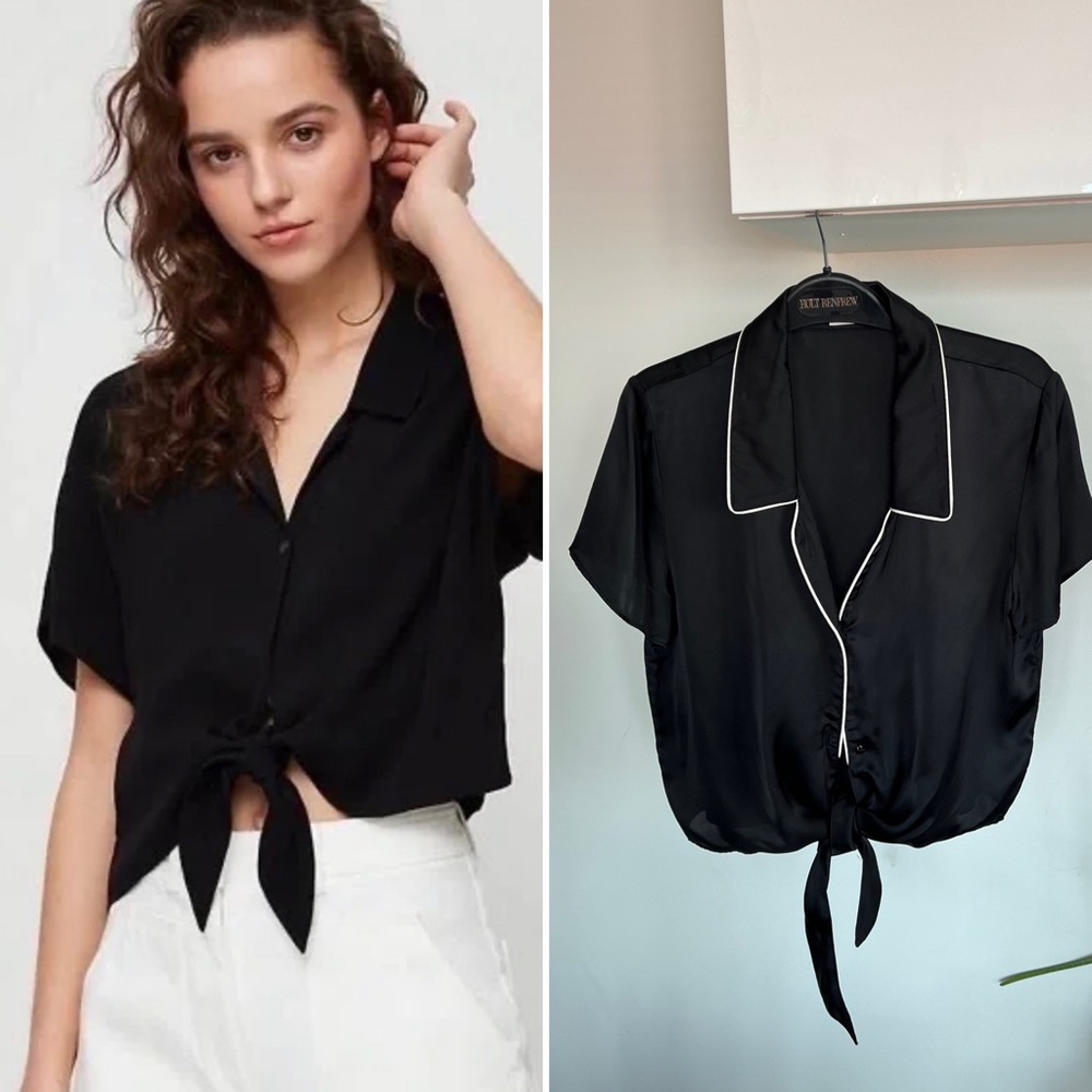Aritzia Wilfred Nacisse Black Tie Front new Summer Formal Casual Blouse Sz XS